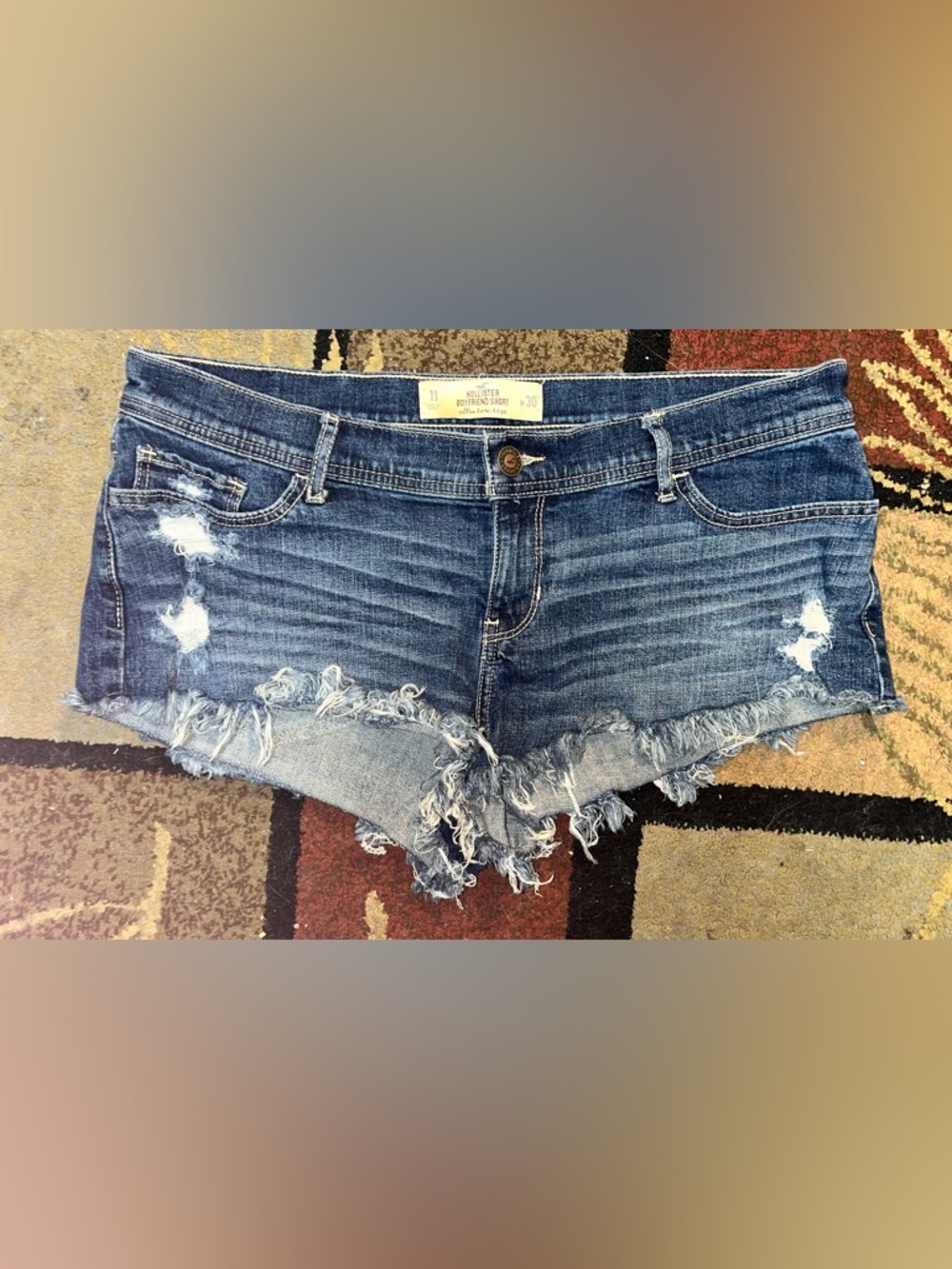 Hollister Dark Blue Distressed Frayed Denim shortie Shorts size 11